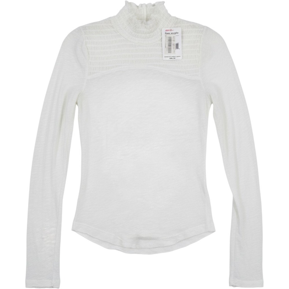 We The Free Free People White Smocked Ruffle Mock Neck Long Sleeve Top XS NEW